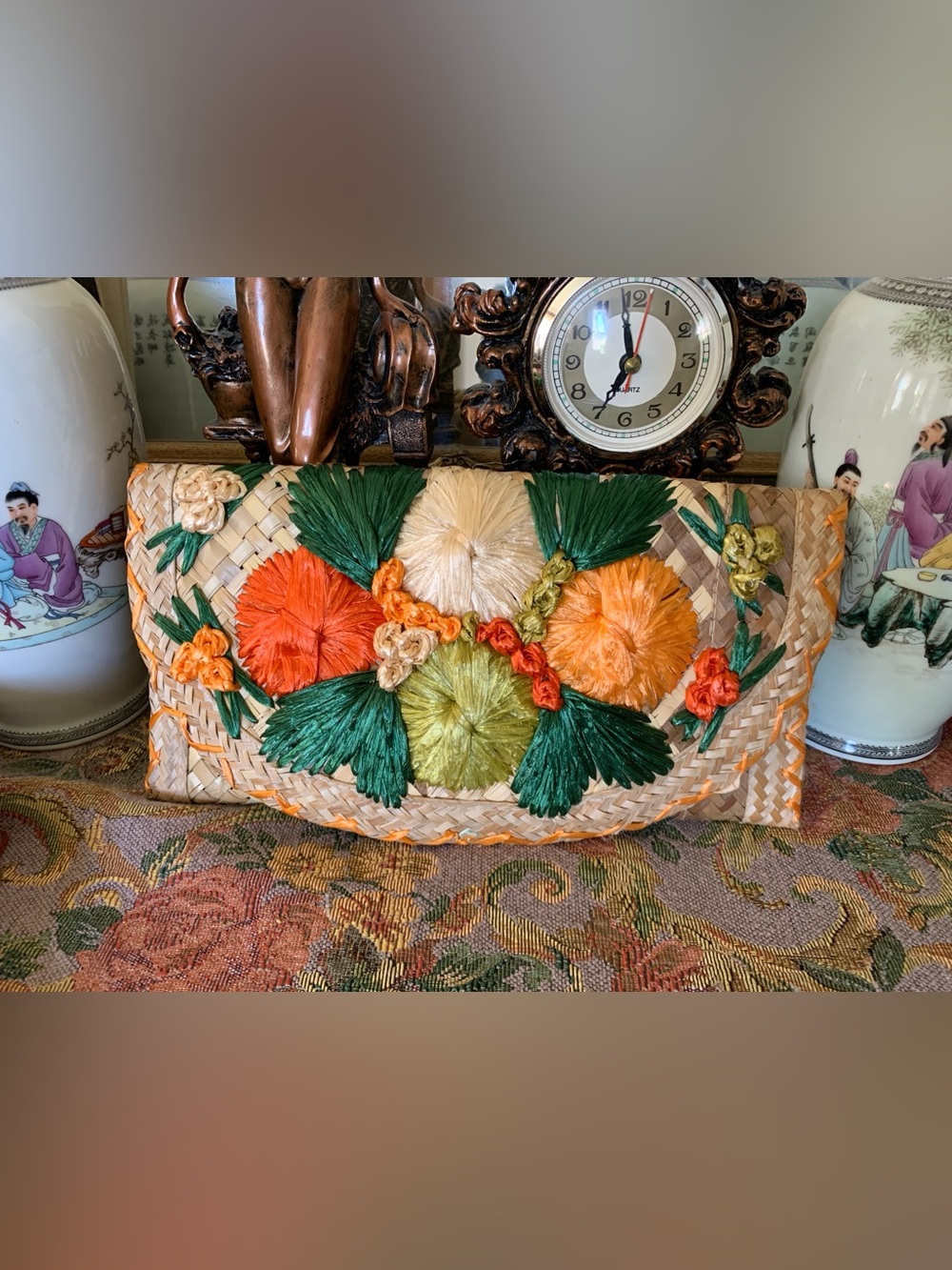 Vintage 70's Fun Boho Hippie Vacation Straw-like Floral Purse Clutch